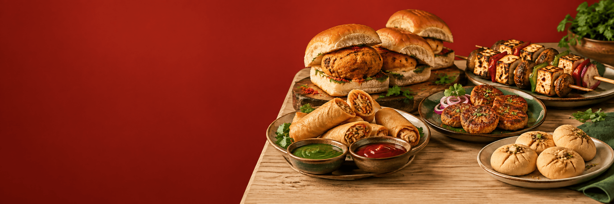 A spread of vada pav, paneer tikka, spring rolls, shami kababs and naan khatai